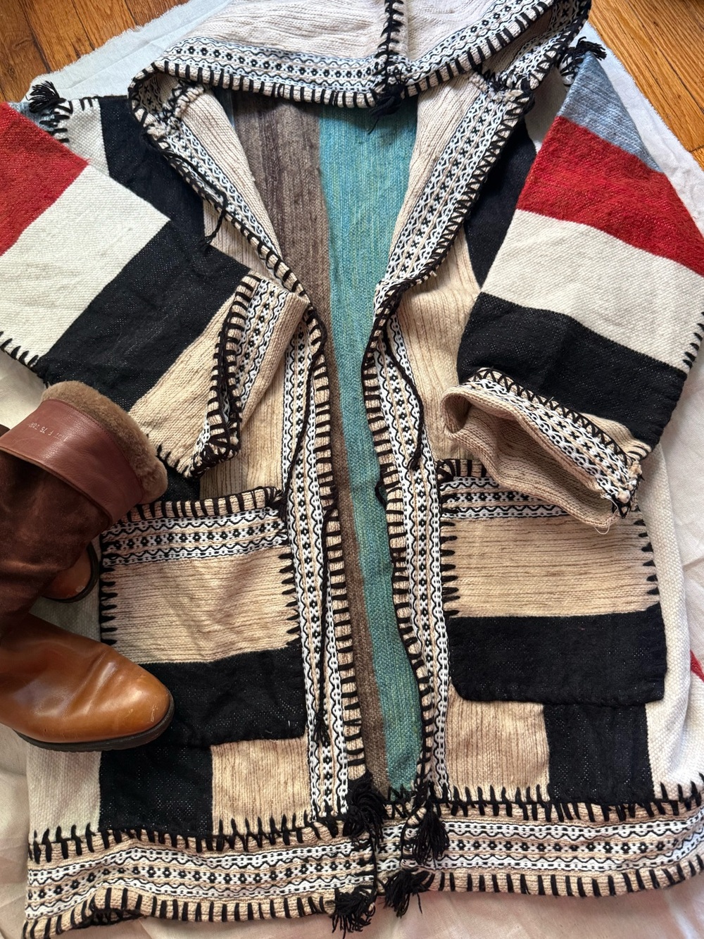 Handwoven Wool Hooded Cardigan Jacket Striped Artisanal Knit Boho Medium